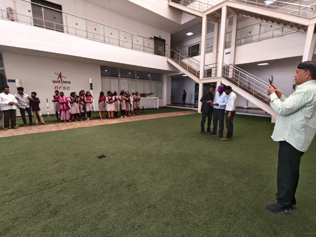 Students lined up for FLYQ drone demo at NRSC